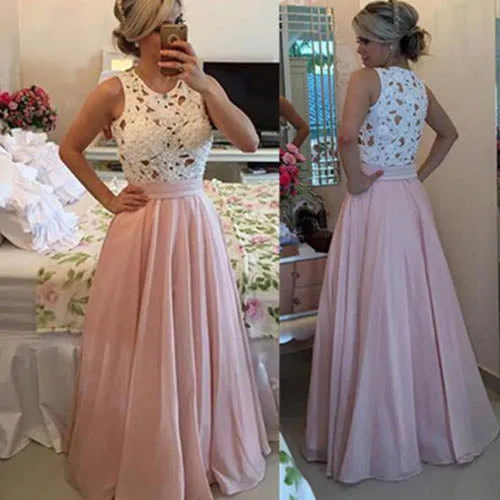 High Neck Pink A-line Floor-length Chiffon Long Prom Dresses Party Dress M271