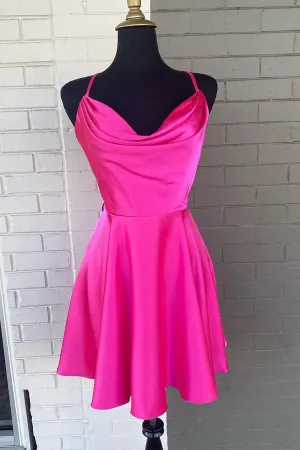 Hot Pink A-line Cowl Neck Short Prom Dress Homecoming Dress HD0165