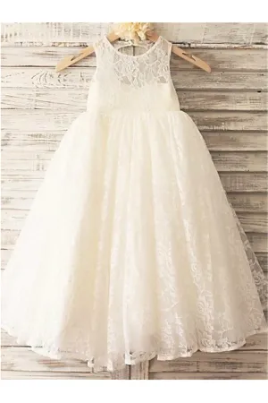 Ivory A-line Scoop Sleeveless Floor-Length Lace Flower Girl Dress OK718