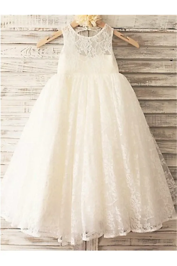 Ivory A-line Scoop Sleeveless Floor-Length Lace Flower Girl Dress OK718