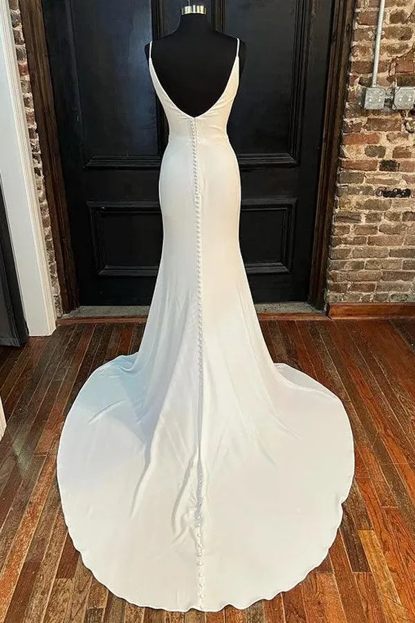 Ivory Cowl Neck Backless Mermaid Long Wedding Dress with Slit TN339