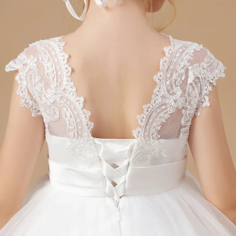 Ivory Floor Length V Neck Lace Tulle Satin Flower Girl Dresses APF0010