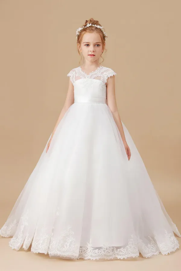 Ivory Floor Length V Neck Lace Tulle Satin Flower Girl Dresses APF0010