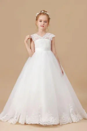 Ivory Floor Length V Neck Lace Tulle Satin Flower Girl Dresses APF0010