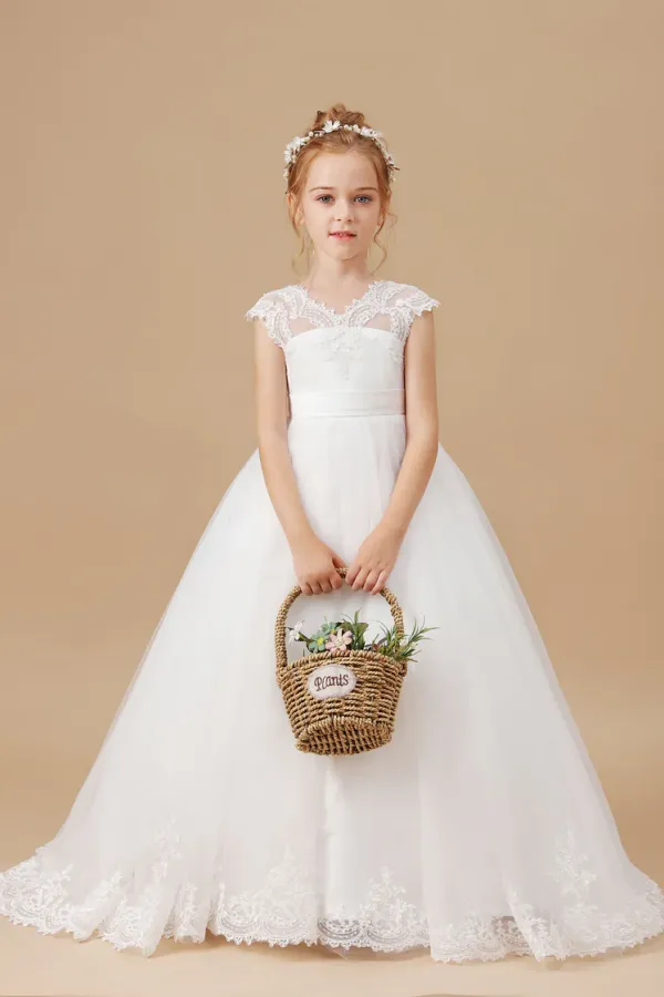 Ivory Floor Length V Neck Lace Tulle Satin Flower Girl Dresses APF0010