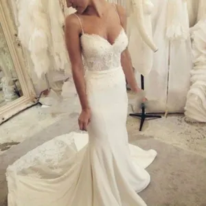 Ivory Lace Spaghetti Straps Mermaid Wedding Bridal Gown