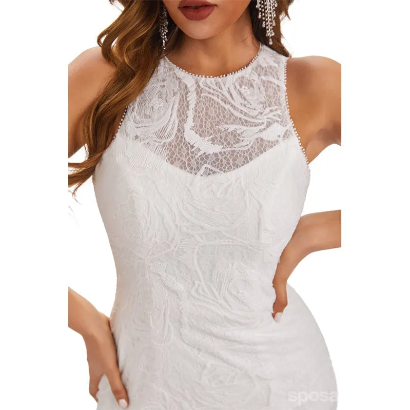 Ivory Mermaid Halter Side Slit Handmade Lace Wedding Dresses,WD800