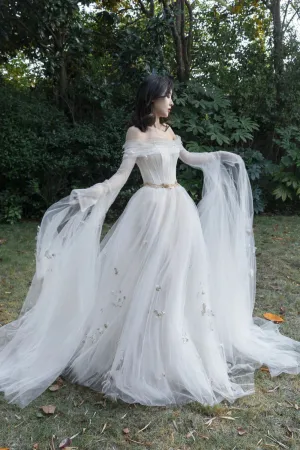 Ivory Tulle Long Sleeve Prom Dress, A Line Evening Dress with Butterfly APP0943
