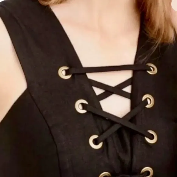 J Crew Lace Up Structured Linen Dress in Black Mini Tie A Line Size 6