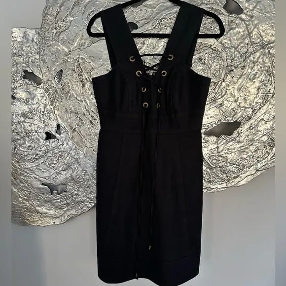 J Crew Lace Up Structured Linen Dress in Black Mini Tie A Line Size 6