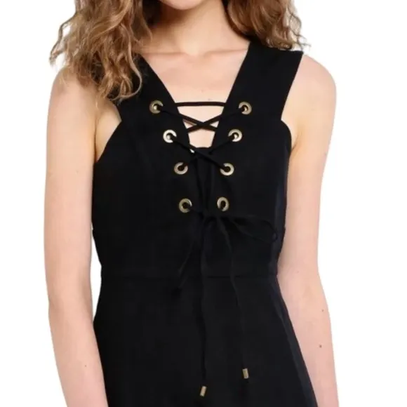 J Crew Lace Up Structured Linen Dress in Black Mini Tie A Line Size 6