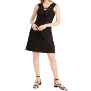 J Crew Lace Up Structured Linen Dress in Black Mini Tie A Line Size 6
