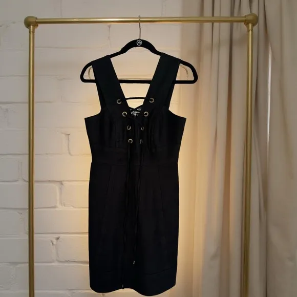 J Crew Lace Up Structured Linen Dress in Black Mini Tie A Line Size 6