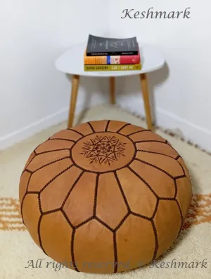 KESHMARK Luxury  Brown with brown stitch Round Pouf Handmade Comfortable Boho Ottoman & Footrest Premium Cow Leather