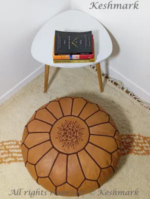 KESHMARK Luxury  Brown with brown stitch Round Pouf Handmade Comfortable Boho Ottoman & Footrest Premium Cow Leather