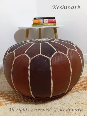 KESHMARK Luxury  Dark Brown Round Pouf Handmade Comfortable Boho Ottoman & Footrest Premium Cow Leather