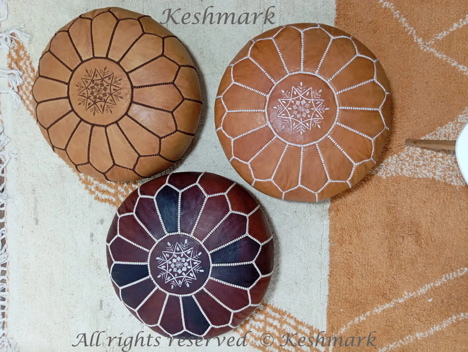 KESHMARK Luxury  Dark Brown Round Pouf Handmade Comfortable Boho Ottoman & Footrest Premium Cow Leather