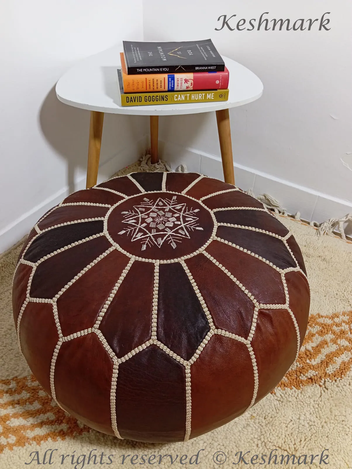 KESHMARK Luxury  Dark Brown Round Pouf Handmade Comfortable Boho Ottoman & Footrest Premium Cow Leather