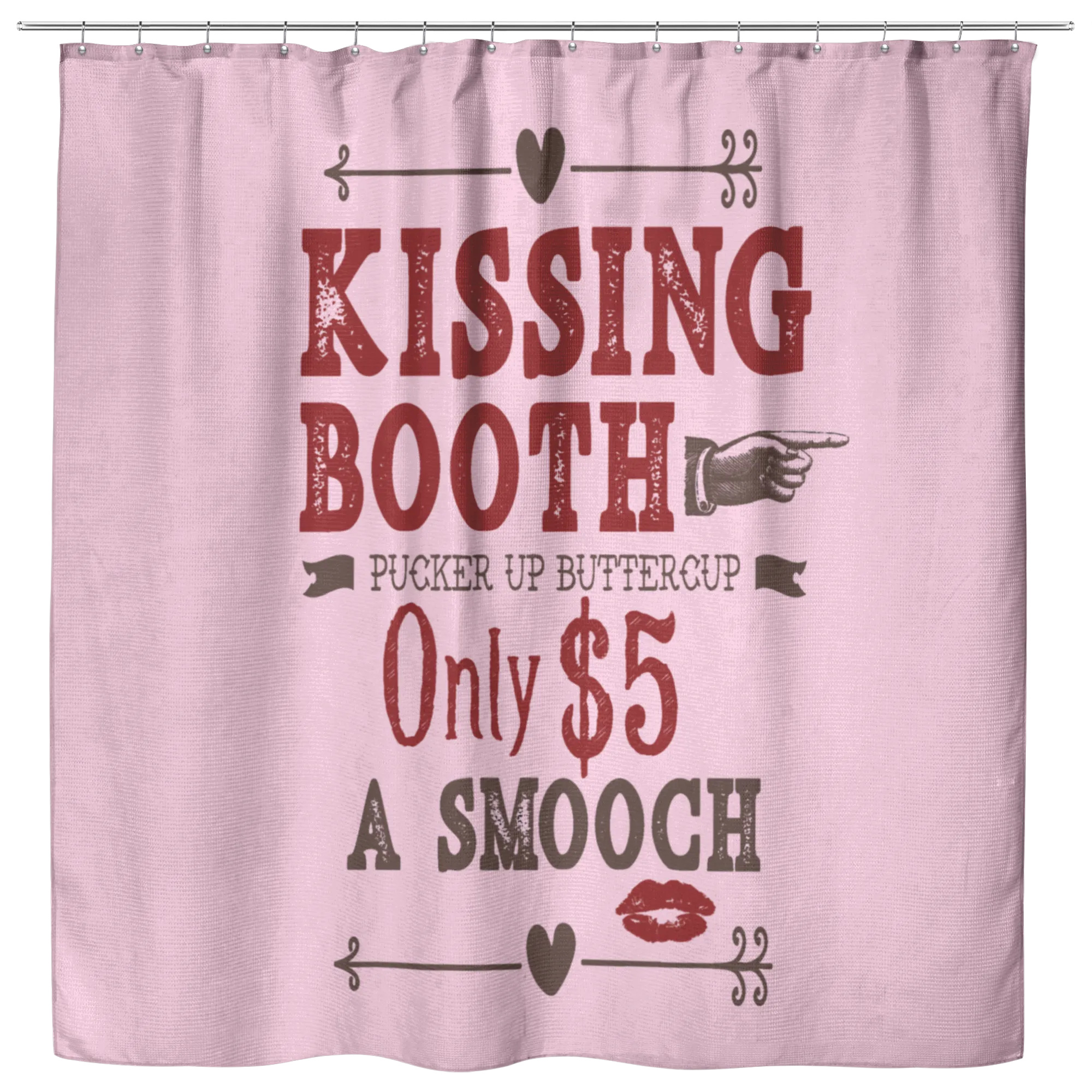 Kissing Booth Valentine's Day Shower Curtain In Pink, Red and Brown Vintage Style Design