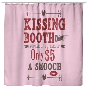 Kissing Booth Valentine's Day Shower Curtain In Pink, Red and Brown Vintage Style Design