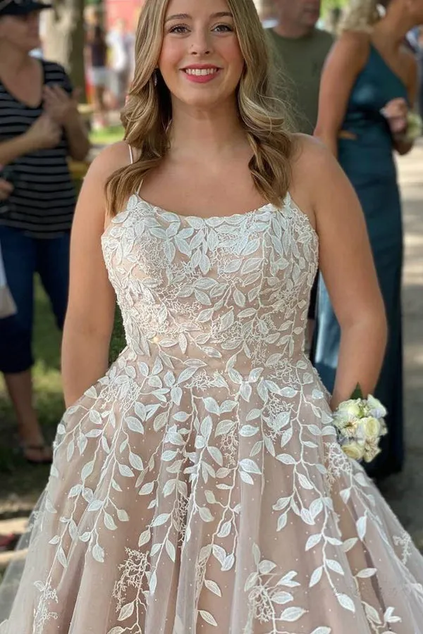 Lace Applique A-Line Champagne Prom Dress with Double Straps TP1357