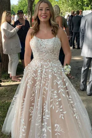 Lace Applique A-Line Champagne Prom Dress with Double Straps TP1357