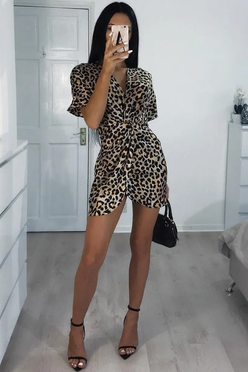 Leopard Satin Twist Front Plunge Mini Dress - Edaline