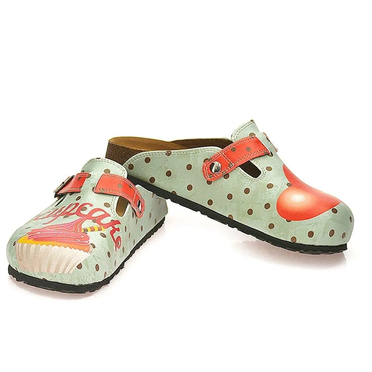 Light Blue and Black Polkadot Patterned, Sweet Cupcake and Red Heart Patterned Clogs - WCAL331