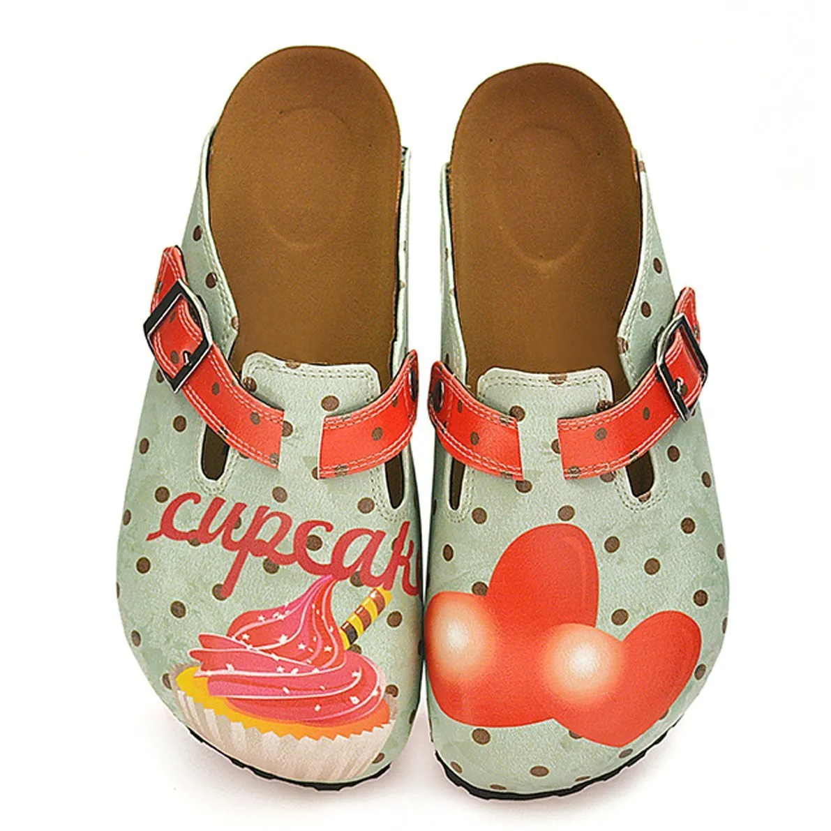 Light Blue and Black Polkadot Patterned, Sweet Cupcake and Red Heart Patterned Clogs - WCAL331
