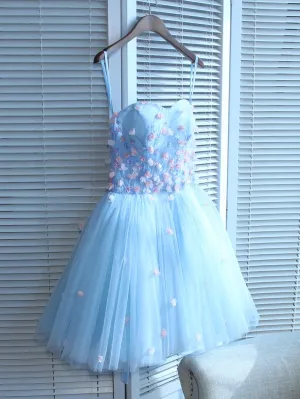 Light Blue Sweetheart Short Handmade Party Dress, Blue Flowers Homecoming Dress