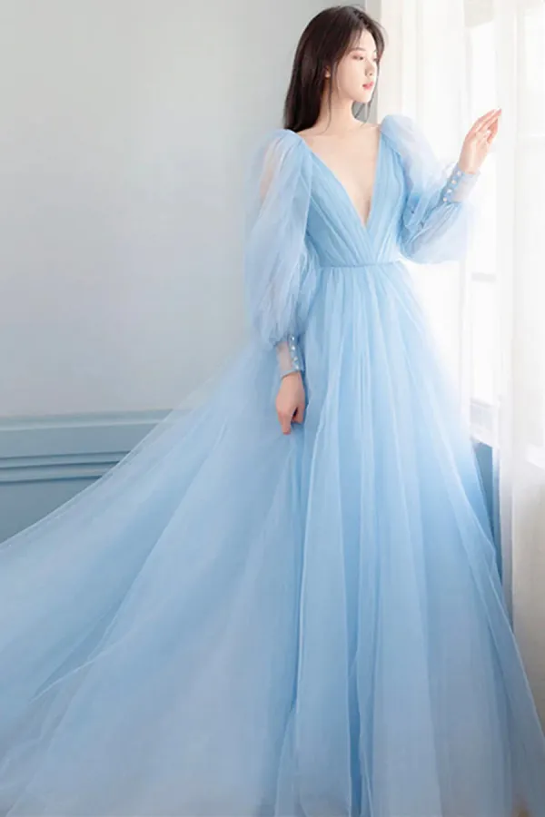 Light Blue Tulle Puffy Long Sleeves Party Dress, V Neckline Tulle Prom Dress APP1102