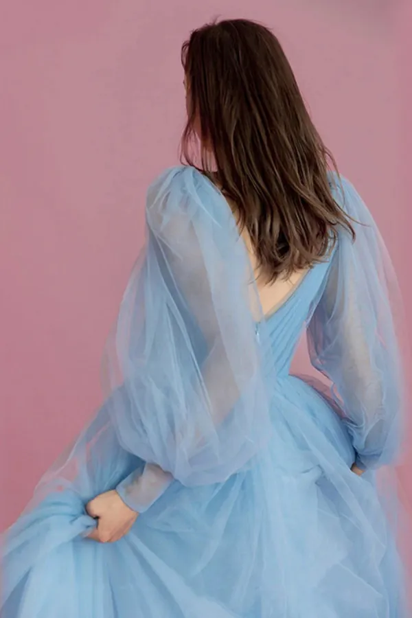 Light Blue Tulle Puffy Long Sleeves Party Dress, V Neckline Tulle Prom Dress APP1102