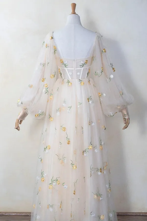 Light Champagne Floral Tulle Long Party Dress, A Line Long Sleeves Prom Dress APP0870