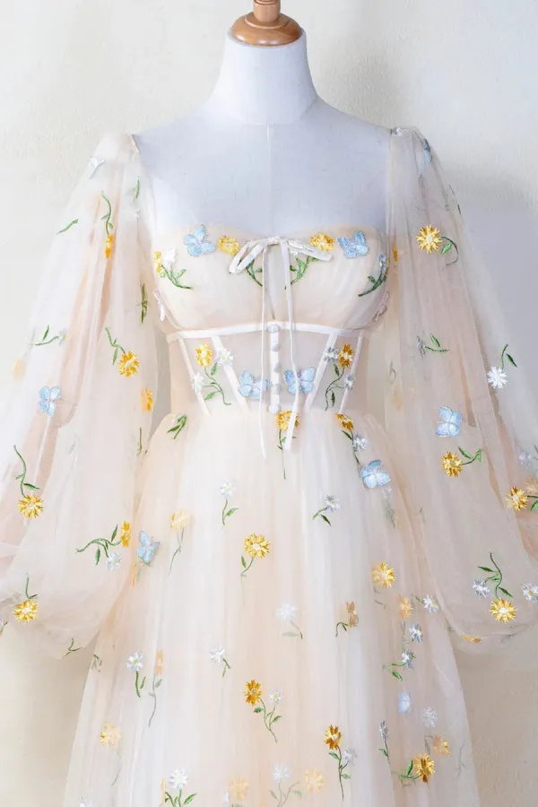 Light Champagne Floral Tulle Long Party Dress, A Line Long Sleeves Prom Dress APP0870