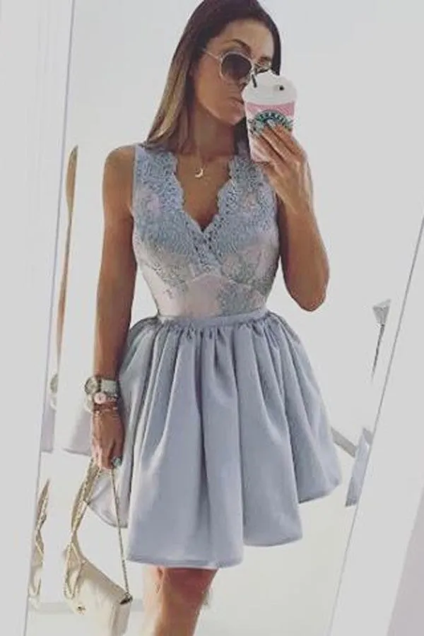 Light Lavender Puff Short Prom Dress,Deep V Neck Appliques Cheap Homecoming Dress,Party Dress SH183
