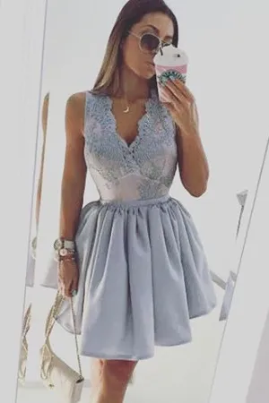 Light Lavender Puff Short Prom Dress,Deep V Neck Appliques Cheap Homecoming Dress,Party Dress SH183