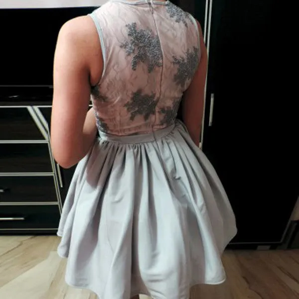 Light Lavender Puff Short Prom Dress,Deep V Neck Appliques Cheap Homecoming Dress,Party Dress SH183