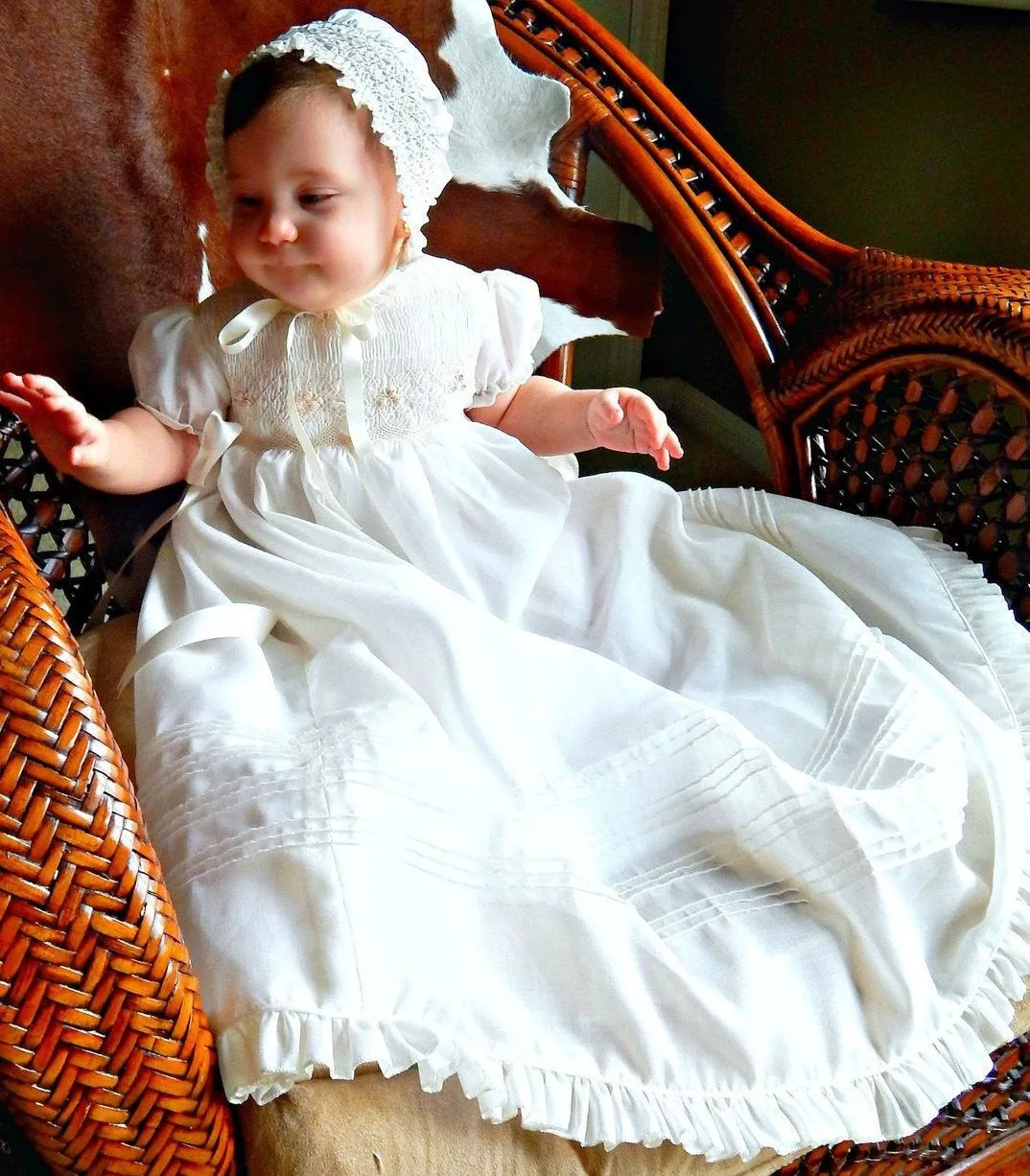 Long Christening Gown Girl, Baptism Dress, Bleesing outfit Cotton,  Ivory /White,  lined,  with Bonnet,   Free Personalization