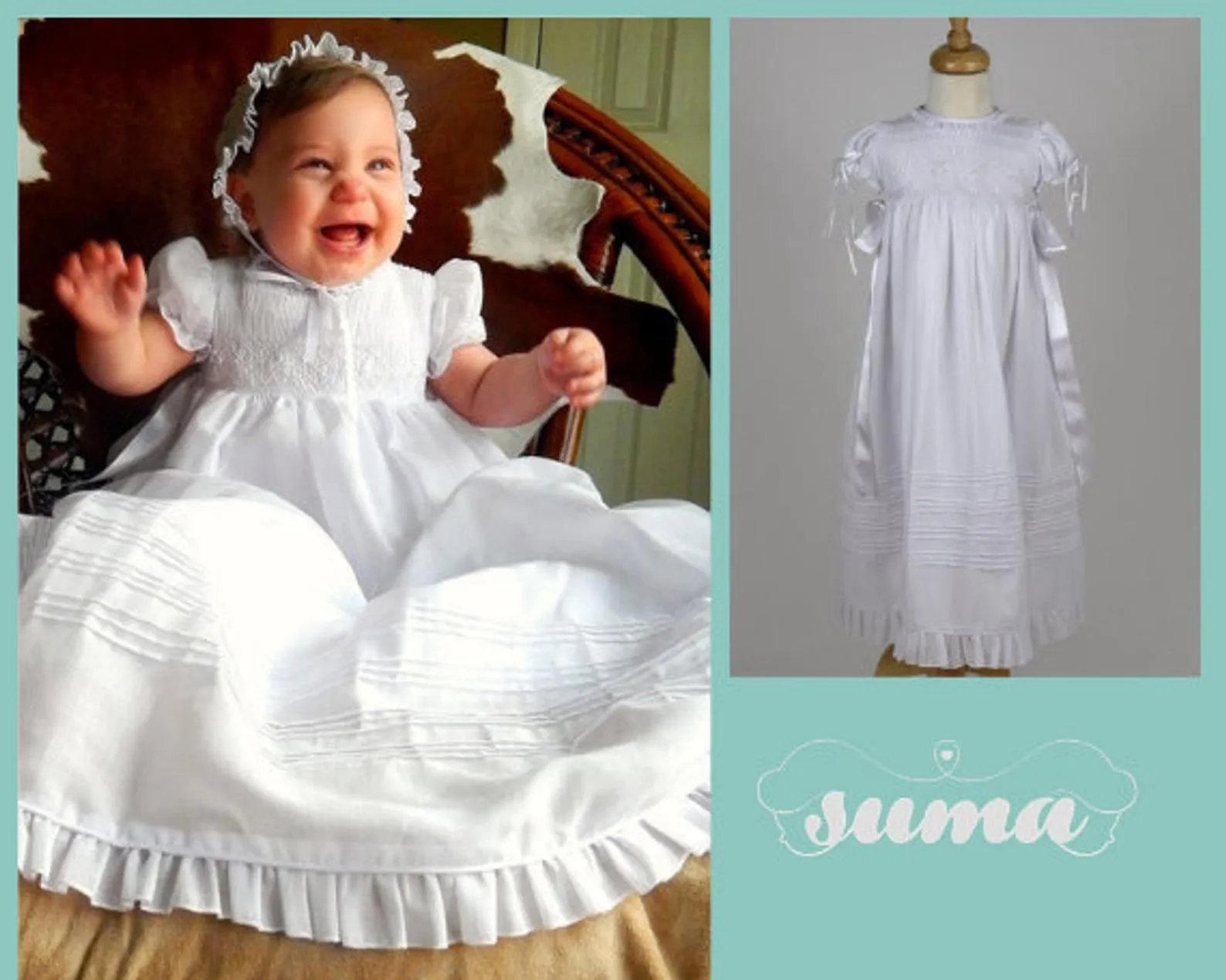 Long Christening Gown Girl, Baptism Dress, Bleesing outfit Cotton,  Ivory /White,  lined,  with Bonnet,   Free Personalization