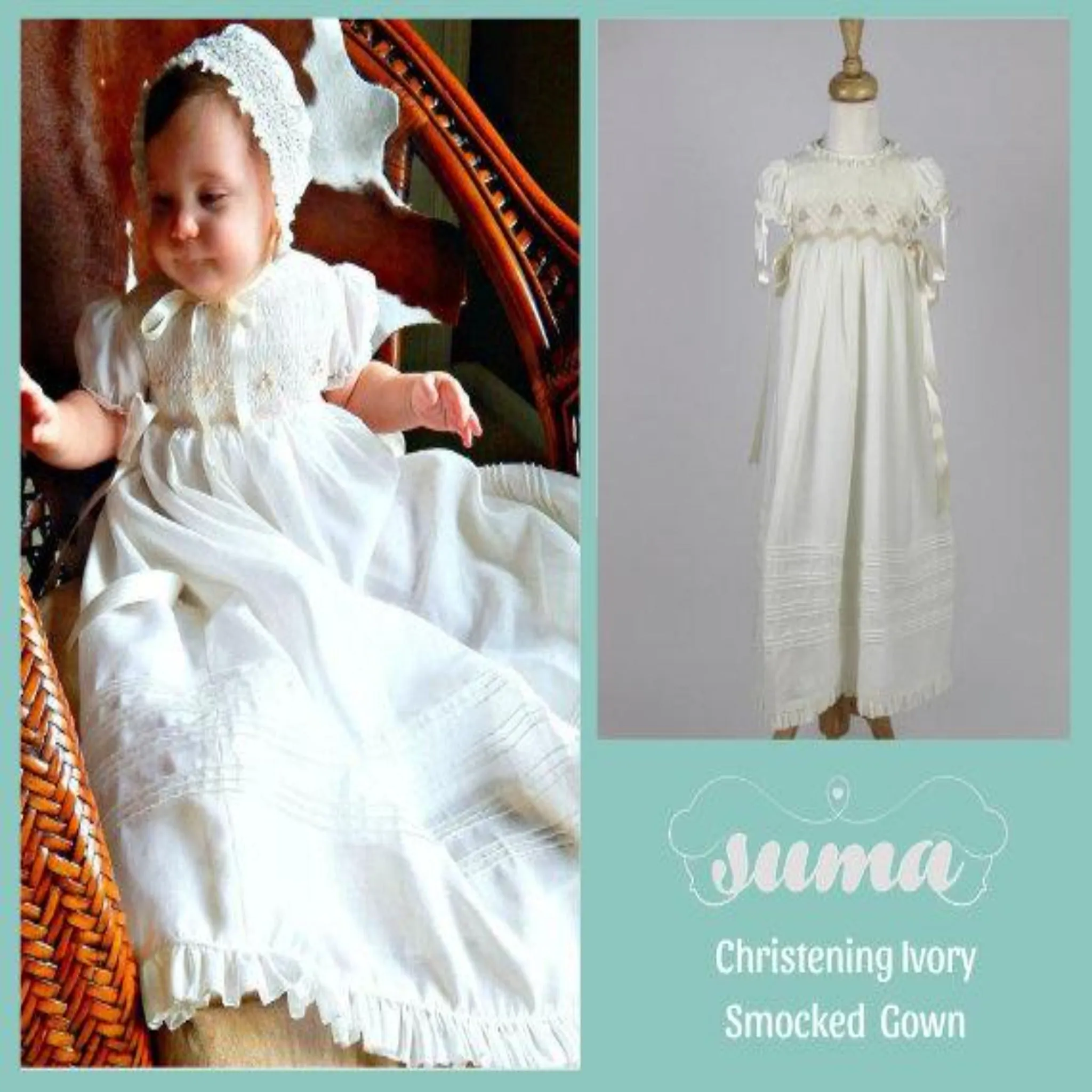 Long Christening Gown Girl, Baptism Dress, Bleesing outfit Cotton,  Ivory /White,  lined,  with Bonnet,   Free Personalization