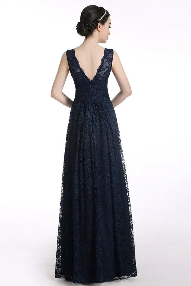 Long Navy Blue Sleeveless V-neck Floor-length Lace Prom Dress, I36