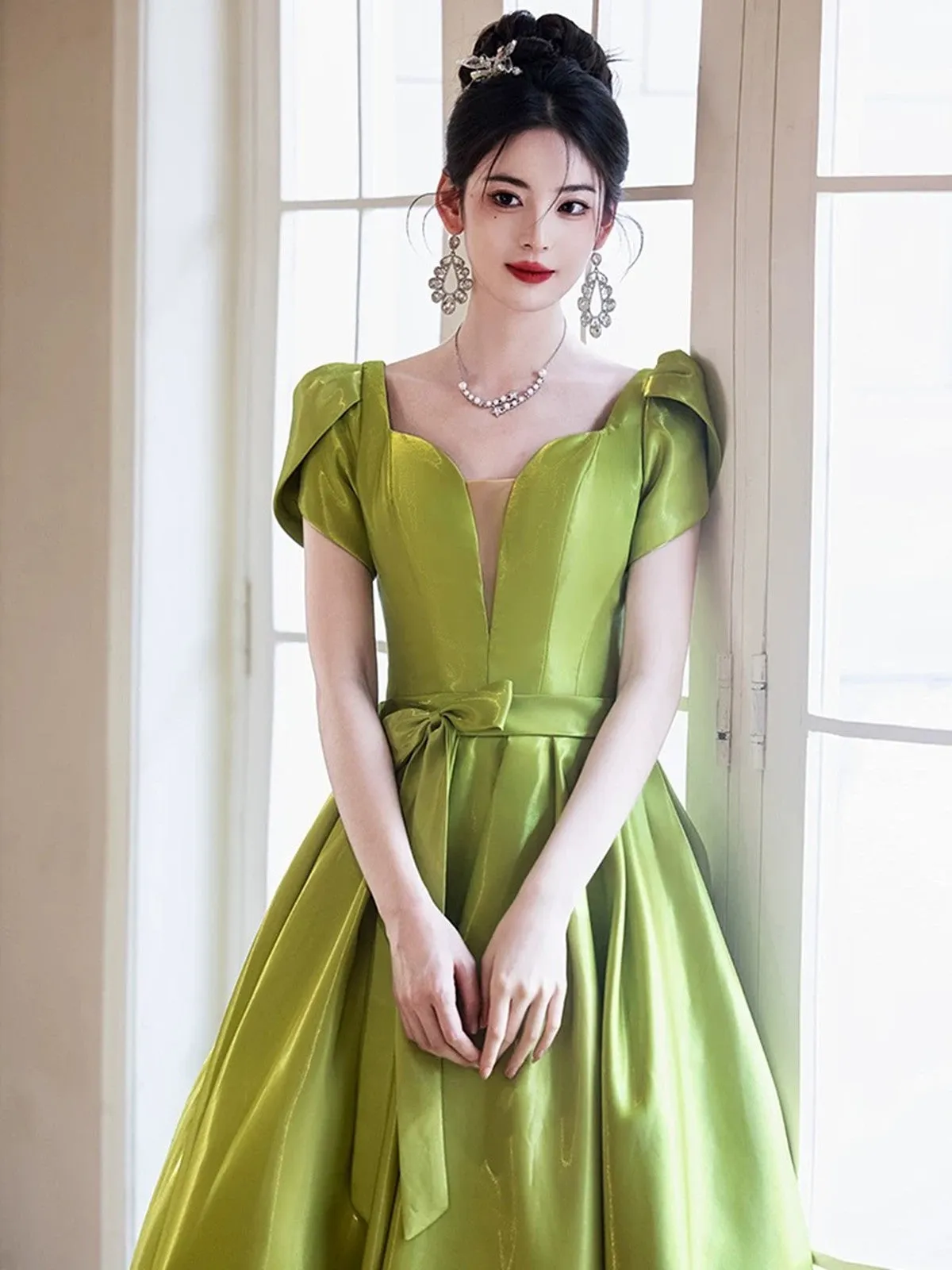Lovely Green Satin Simple Short Sleeves Party Dress, A-line Green Satin Prom Dress