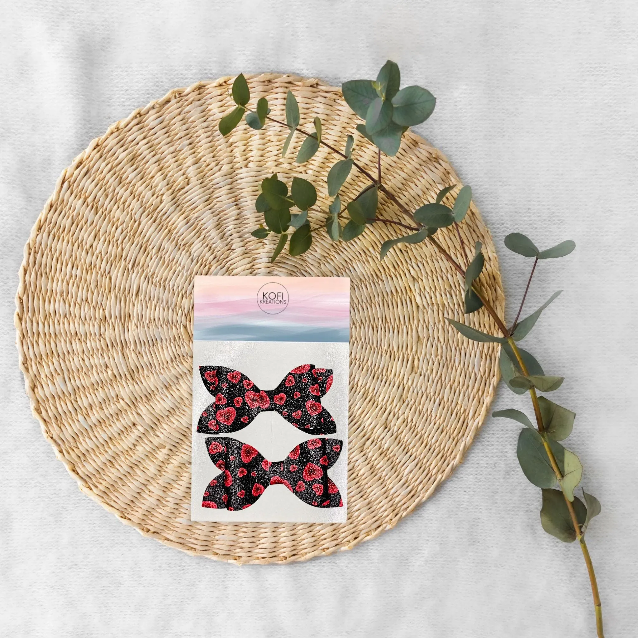 Luna - Red & Black Hearts Faux Leather Hair Bow Set