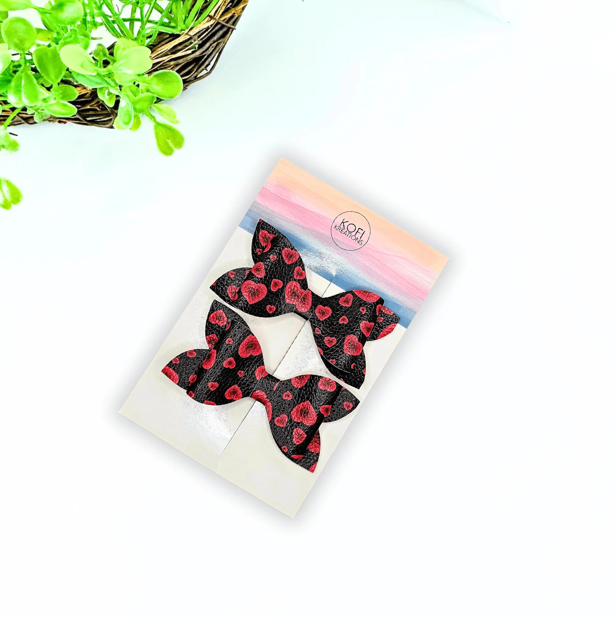 Luna - Red & Black Hearts Faux Leather Hair Bow Set