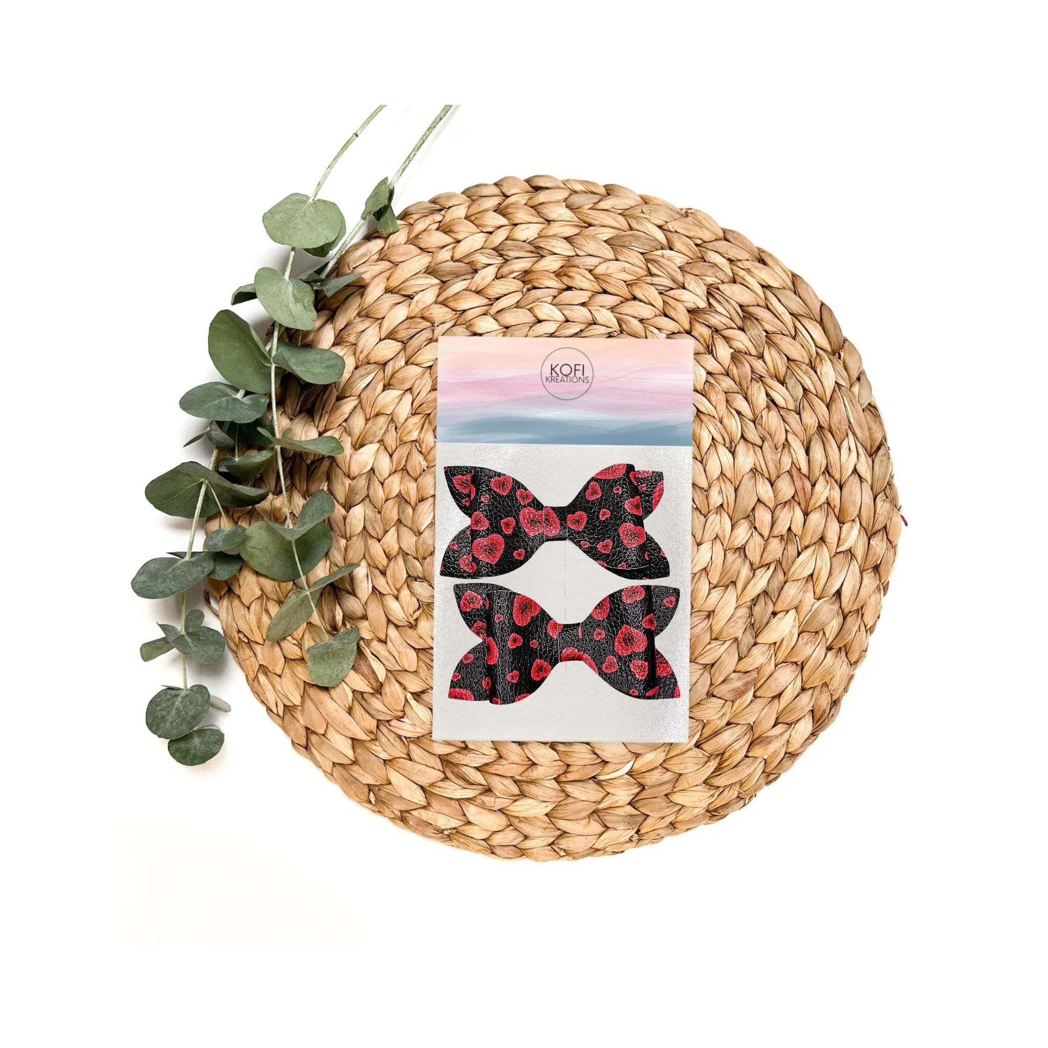 Luna - Red & Black Hearts Faux Leather Hair Bow Set