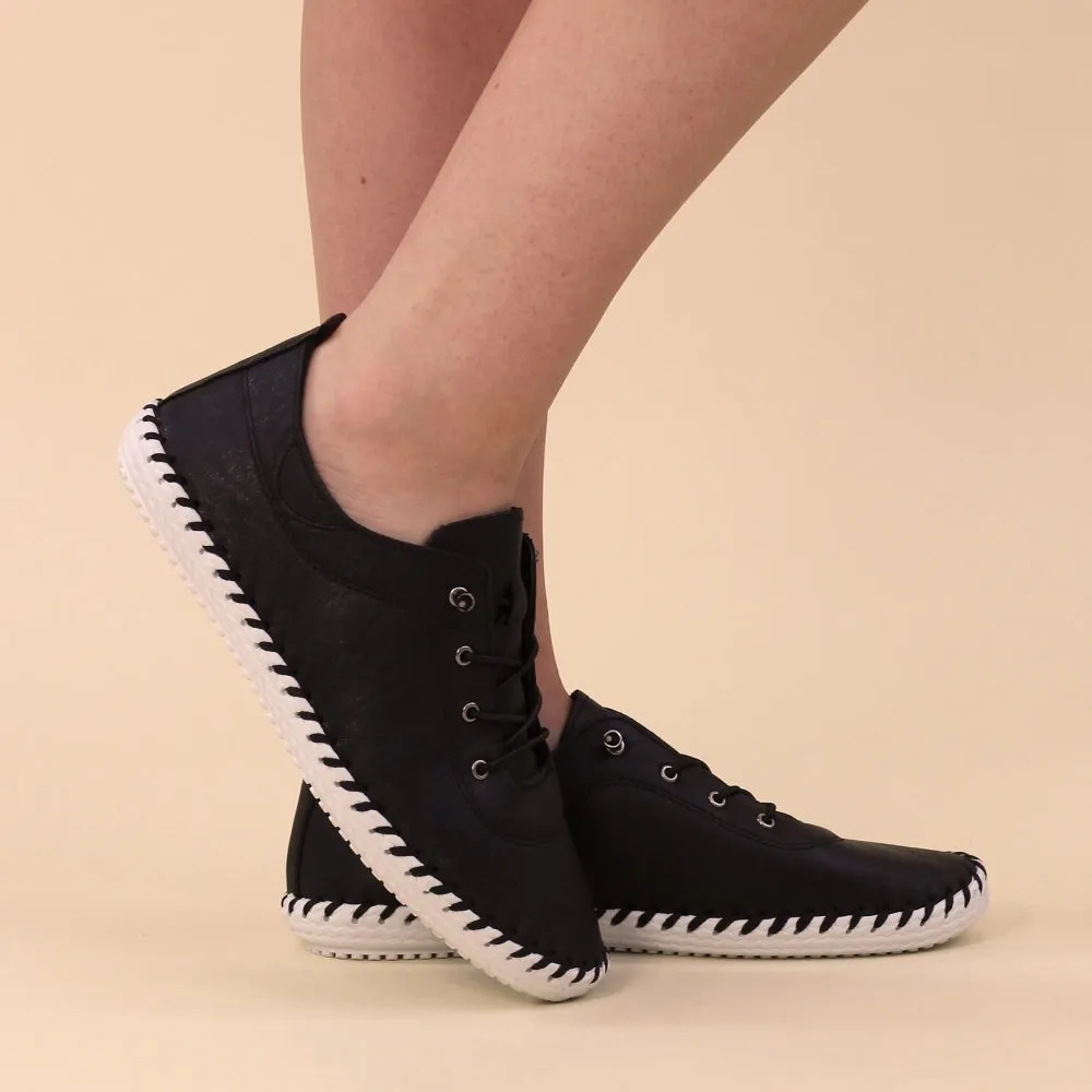 Lunar St Ives Black Leather Plimsoll