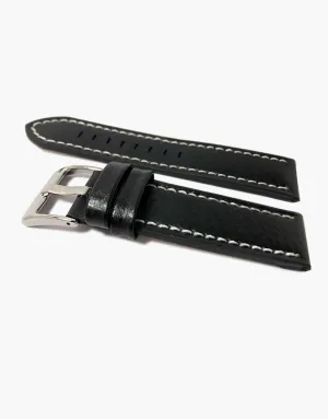 LUX Panerai Style Flat Buffalo Leather Black Watch Band White Stitching