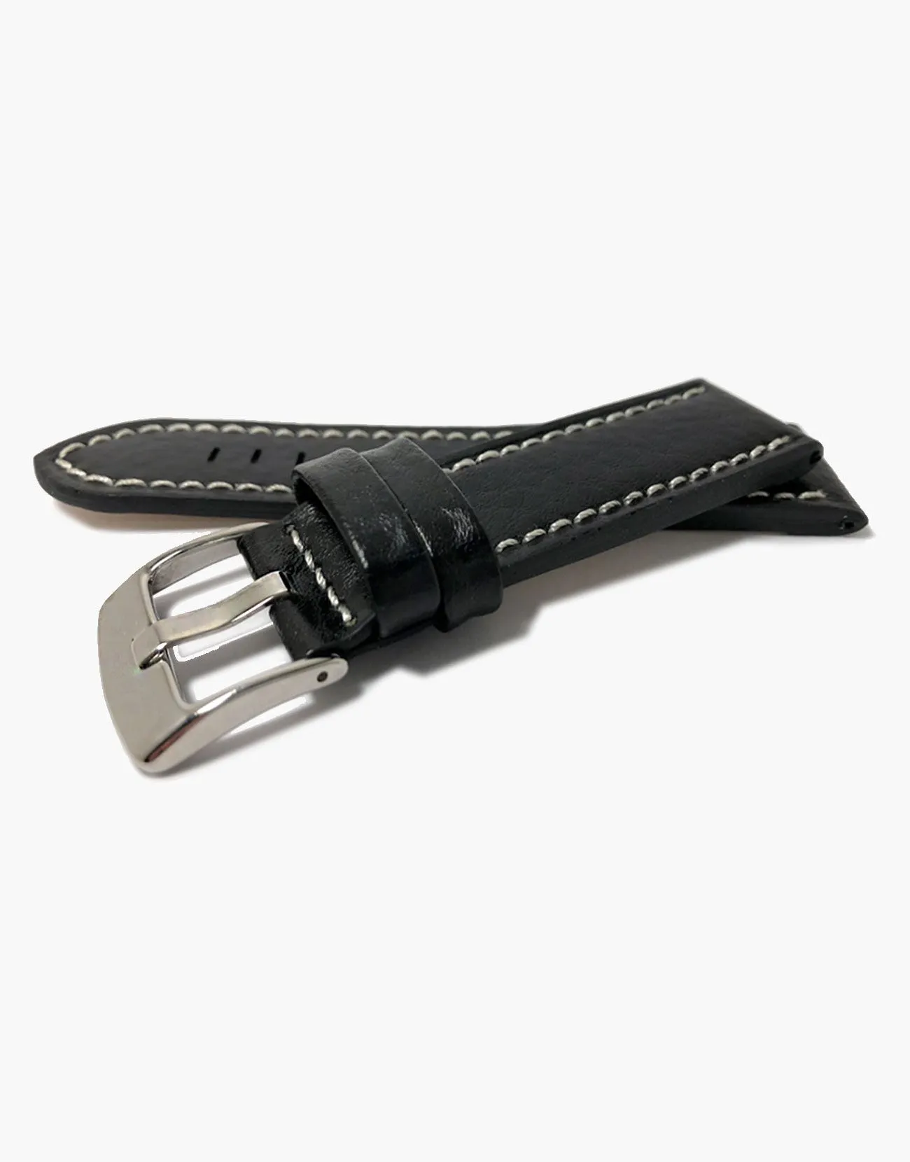 LUX Panerai Style Flat Buffalo Leather Black Watch Band White Stitching