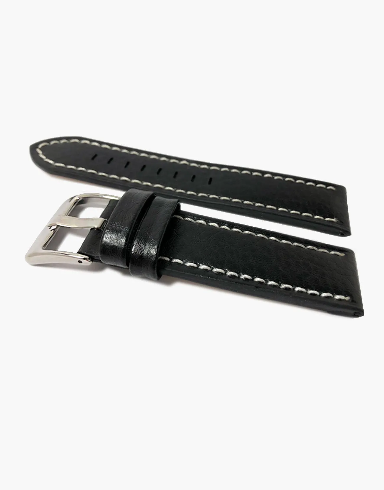 LUX Panerai Style Flat Buffalo Leather Black Watch Band White Stitching