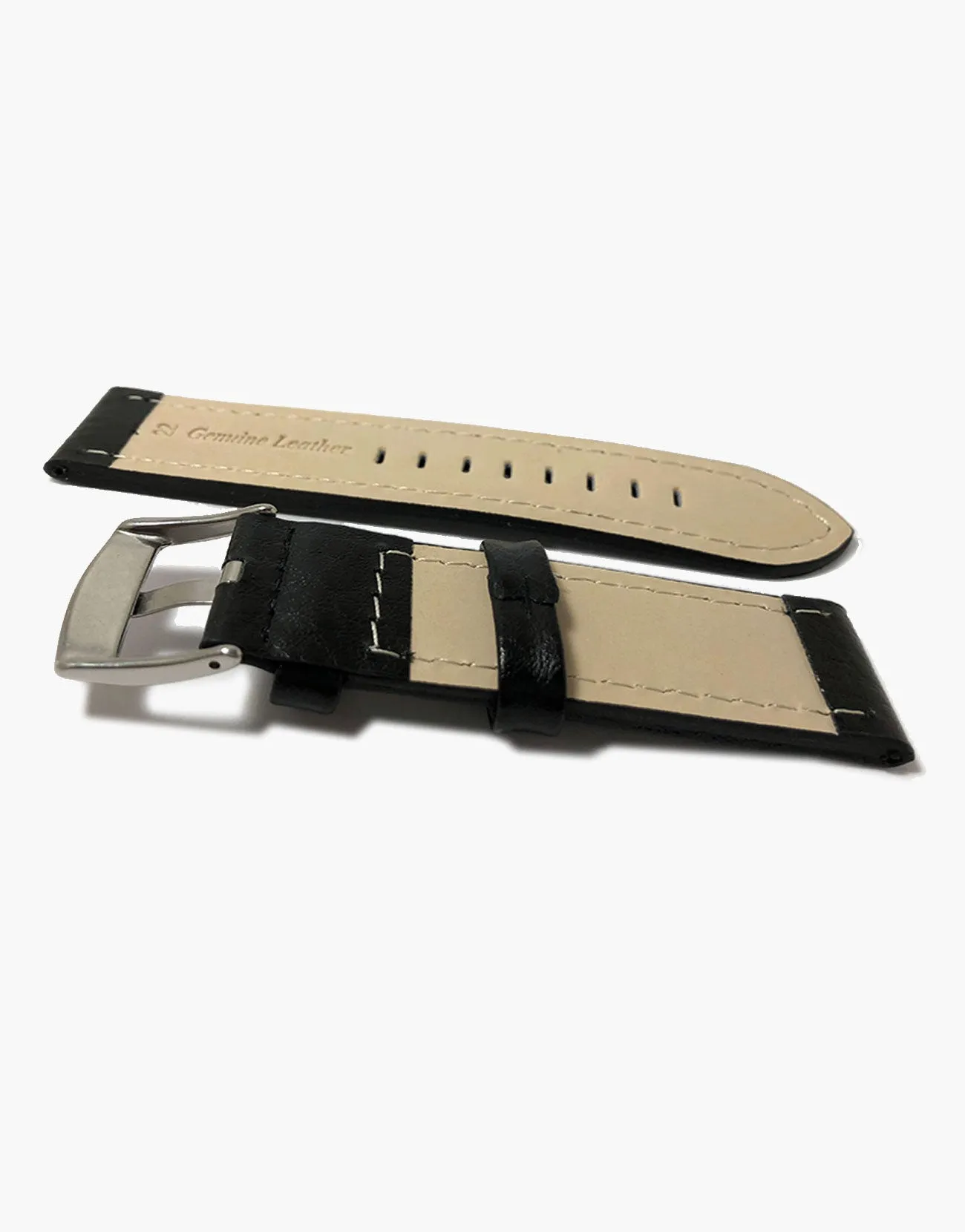 LUX Panerai Style Flat Buffalo Leather Black Watch Band White Stitching